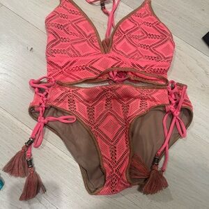 BECCA Neon Coral Crochet One-Piece Bikini with Brown Trim